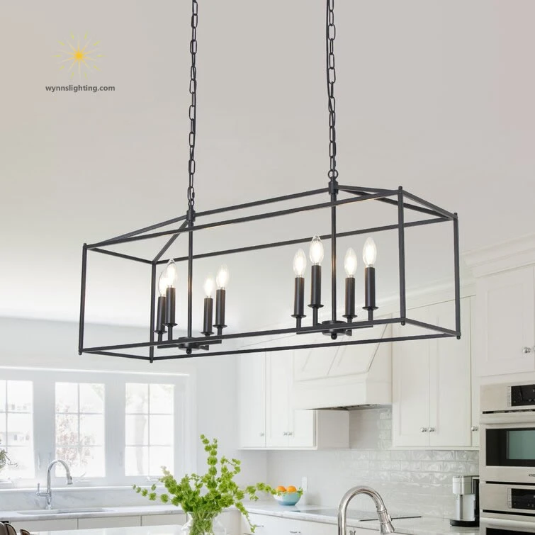 8 Lights Matt Black Chandelier Candle Style Rectangle Metal Lamp Suspension Lighting Indoor Home and Villa Decorative Pendant Lighting